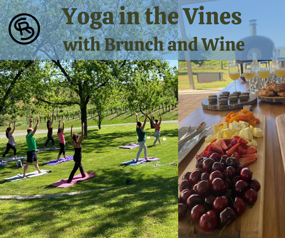 Shadow Ranch. Photo of people doing yoga in front of a vineyard. Photo of a brunch table with mimosas, fruit, egg bites, and pastries. Text that reads Yoga in the Vines with Brunch and Wine