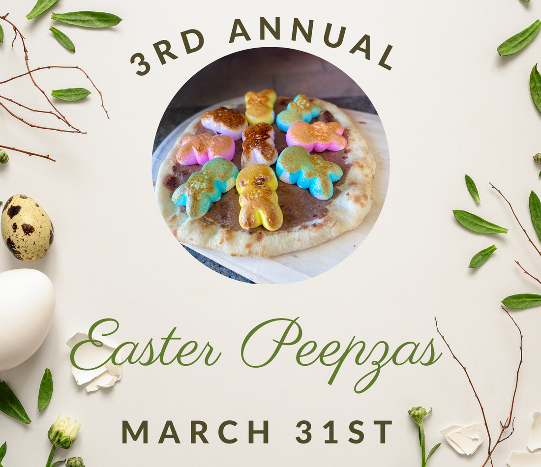 Image of cream background with flowers, eggs, and leaves. In center is an image of a Peepza. Text reads 3rd annual easter peepzas march 31st