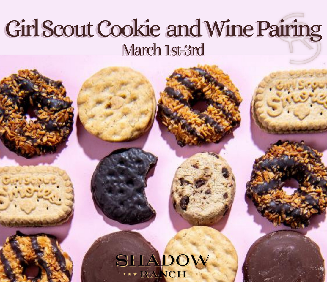 Image of girl scout cookies on a pink background. Text reads Girl Scout Cookie and Wine Pairing March 1st-3rd